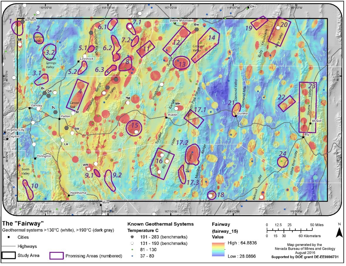 Map of geothermal potential in central Nevada