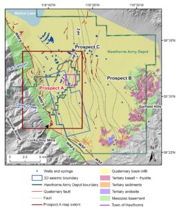 Geological map showing the location of the three geothermal prospects at Hawthorne, Nevada