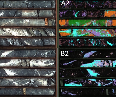 False-color photo of mineralogy mapped in a drill core using hyperspectral imaging.