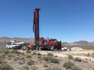 Photo of drilling a shallow geothermal exploration well during Phase 3 of the NV play fairway project in south-eastern Gabbs Valley, Nevada